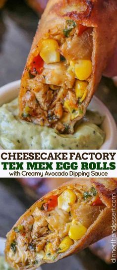 Cheesecake Factory Tex Mex Egg Rolls Copycat made with spiced chicken, beans, corn, bell peppers, onions, garlic, cilantro and cheddar cheese in a crispy egg roll with creamy avocado cilantro dipping sauce. #eggmeals