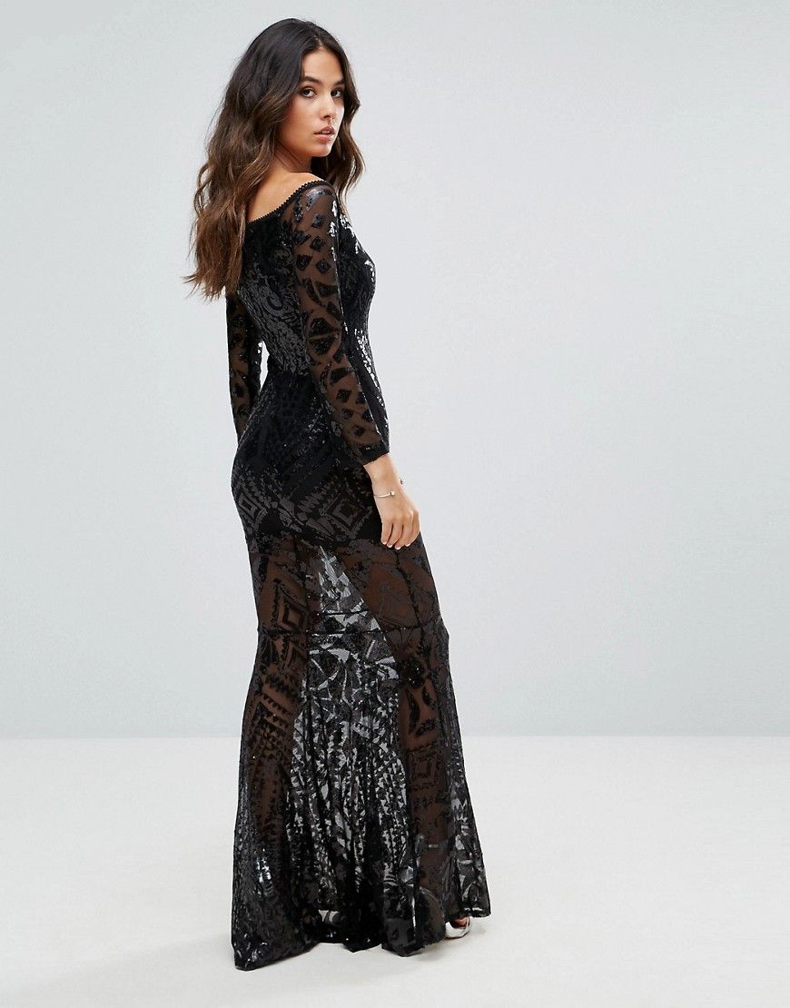 Club L Bardot Patterned Detail Sequin Maxi Dress - Black | Dresses ...