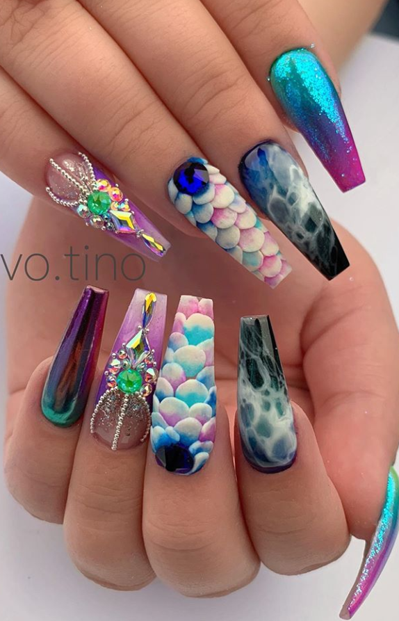 30 Bling acrylic coffin nails design with rhenistones, Charming and