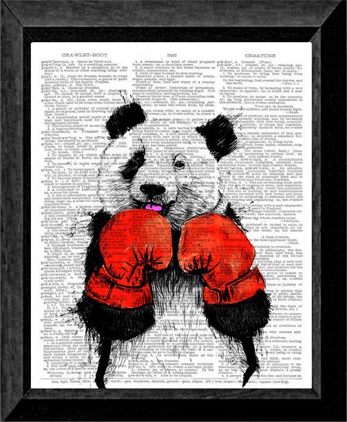 fighting boxer panda kung fu print on dictionary page art 8x10 print