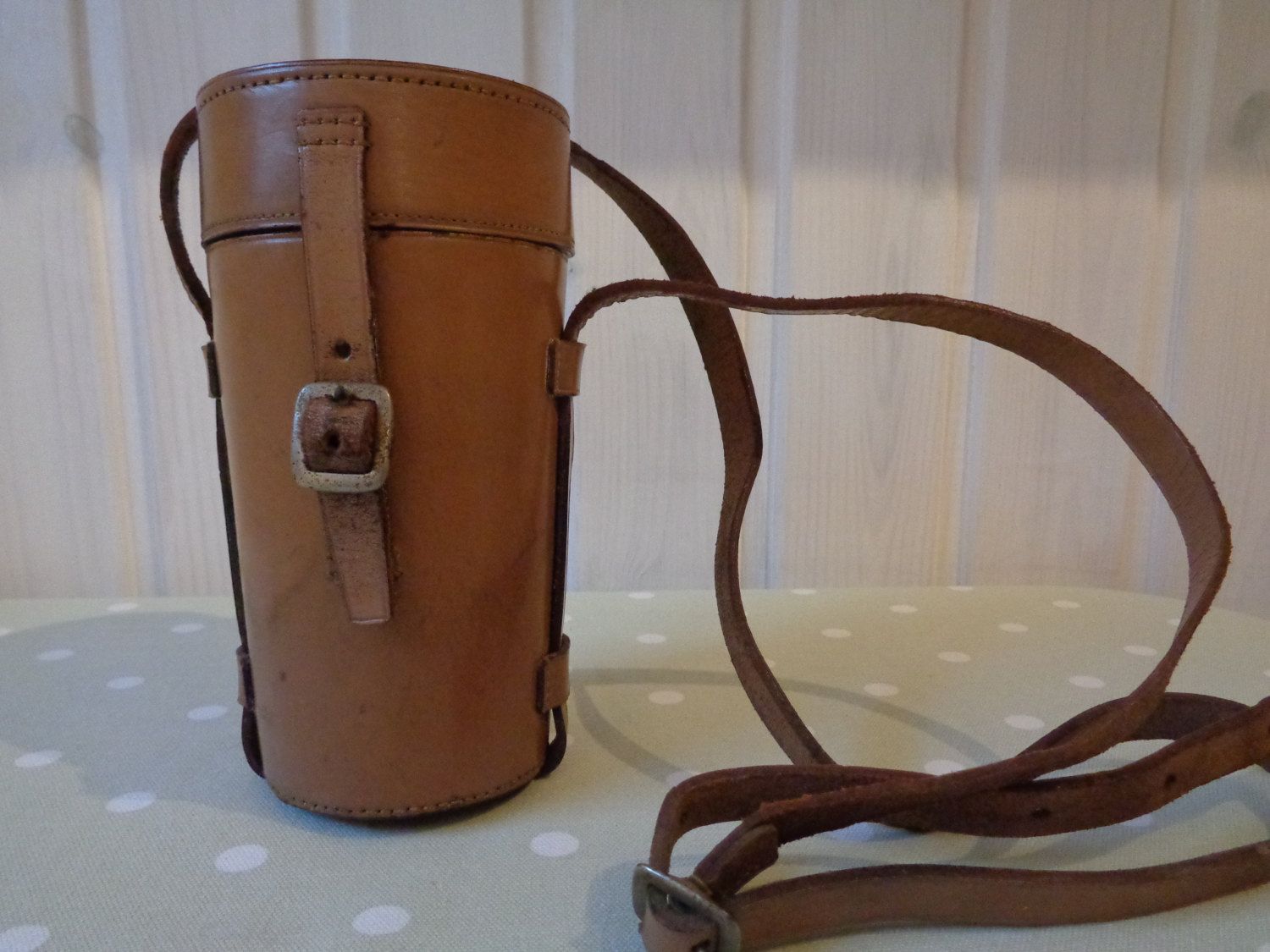 c1950s genuine leather camera lens case or travelling beaker case