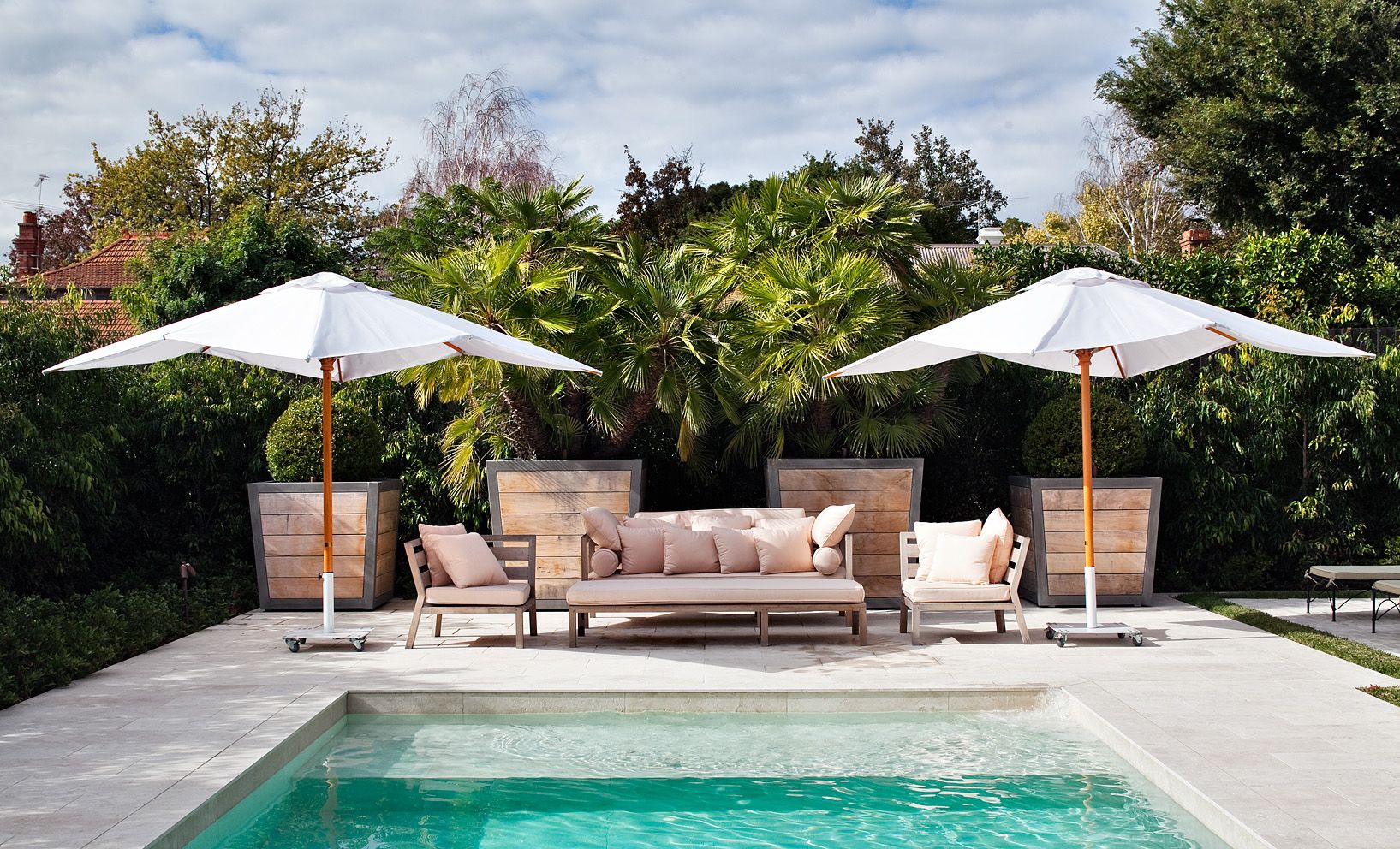 Large Scale Custom Steel And Timber Hamptons Pots With Buxus Microphylla Balls And C Pool Area Decorating Ideas Backyard Pool Designs Backyard Pool Landscaping