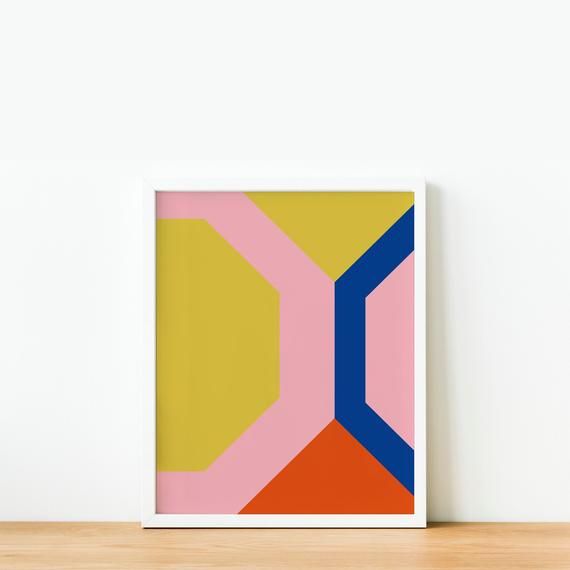 Bold Mid Century Modern Geometric Hexagon Shapes Wall Art Printable in Pink, Yellow, Red, and Blue, Contemporary Poster Design, Large Prints