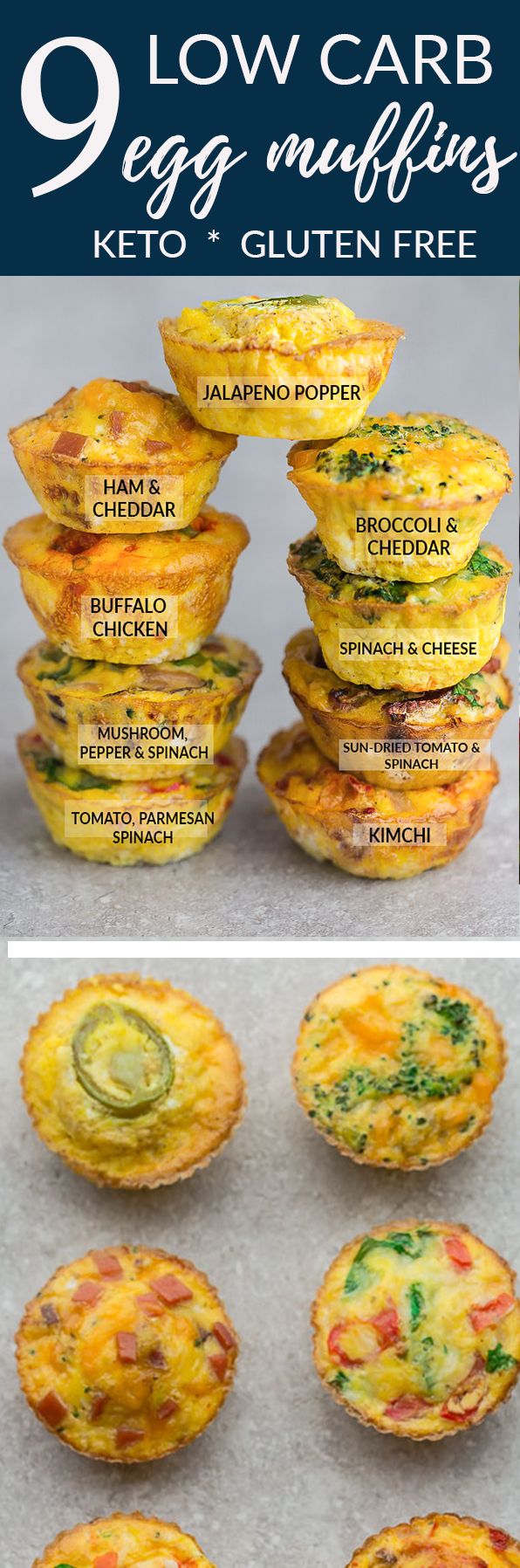 9 Low Carb & Keto Breakfast Egg Muffin Cups - the perfect healthy & easy protein packed make ahead breakfast for on the go. Best of all, convenient for busy mornings, weekend or Easter holiday brunch! Delicious & simple to customize - mix & match with any leftover vegetables or meat from fridge. Broccoli & Cheddar Cheese, Buffalo Chicken, Ham & Cheddar Cheese, Jalapeno Popper, Kimchi, Mushroom, Pepper and Spinach, Sun-Dried Tomato & Spinach, Tomato, Spinach or Kale Basil & Parmesan. #keto #eggs Breakfast Egg Muffins Cups, Low Carb Egg Muffins, Breakfast Cereal, Spinach Muffins, Quiche Muffins, Make Ahead Breakfast, Low Carb Breakfast, Breakfast Recipes, Breakfast Ideas