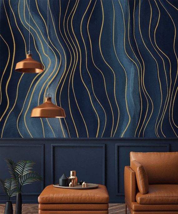 Abstract wallpaper mural Deep blue navy large art wall mural Peel and stick removable or Traditional accent wall mural