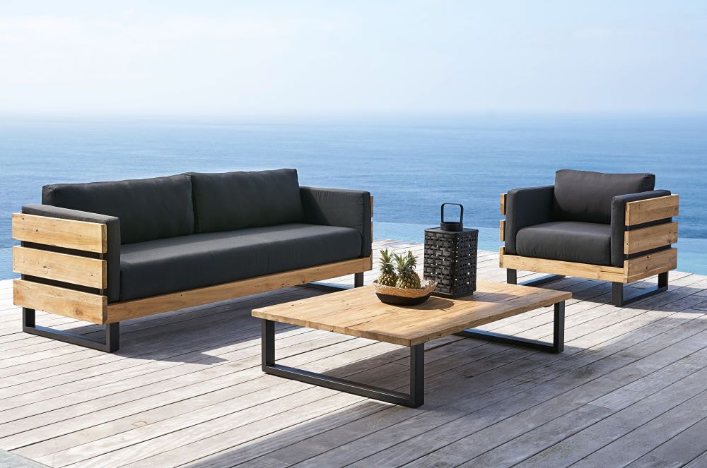 Black Metal And Recycled Solid Teak Garden Coffee Table Garden