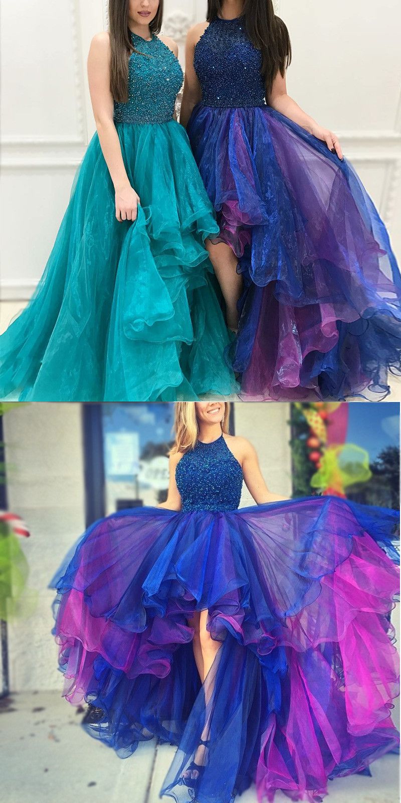 Royal Purple Beaded Halter Prom Dresses