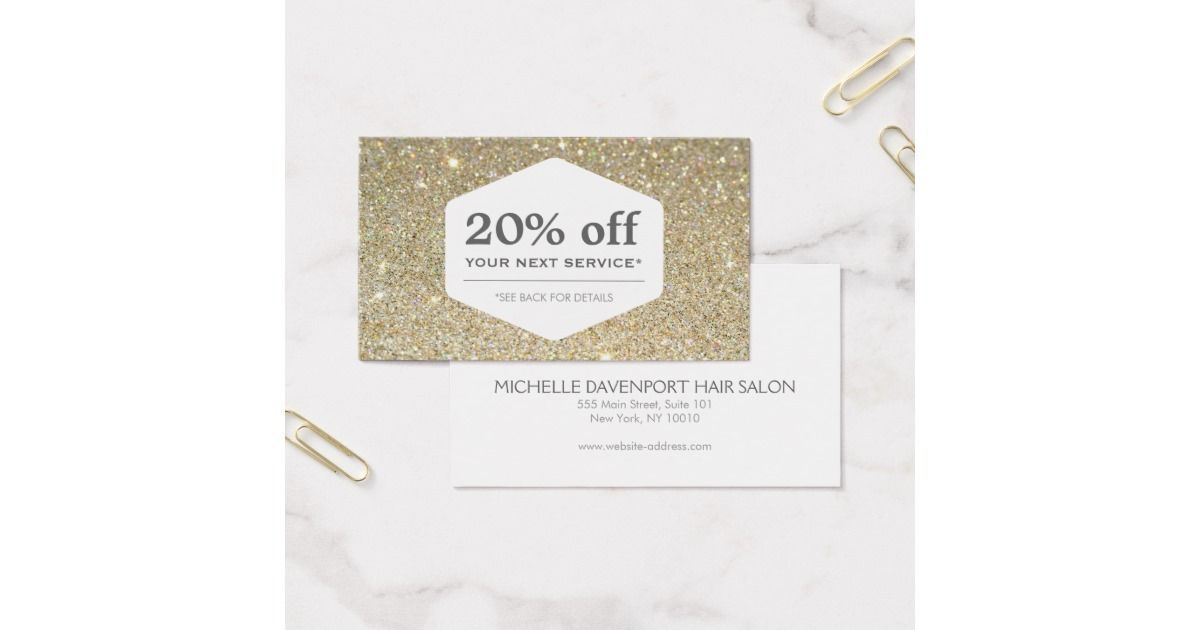 Elegant White Emblem On Gold Discount Coupon Card #goldglitterbackground Coordinates with the ELEGANT WHITE EMBLEM ON GOLD GLITTER BACKGROUND Business Card Template by 1201AM. Great for holiday promotions or any time of year. Customize the fields with your own discount and text. © 1201AM CREATIVE #goldglitterbackground