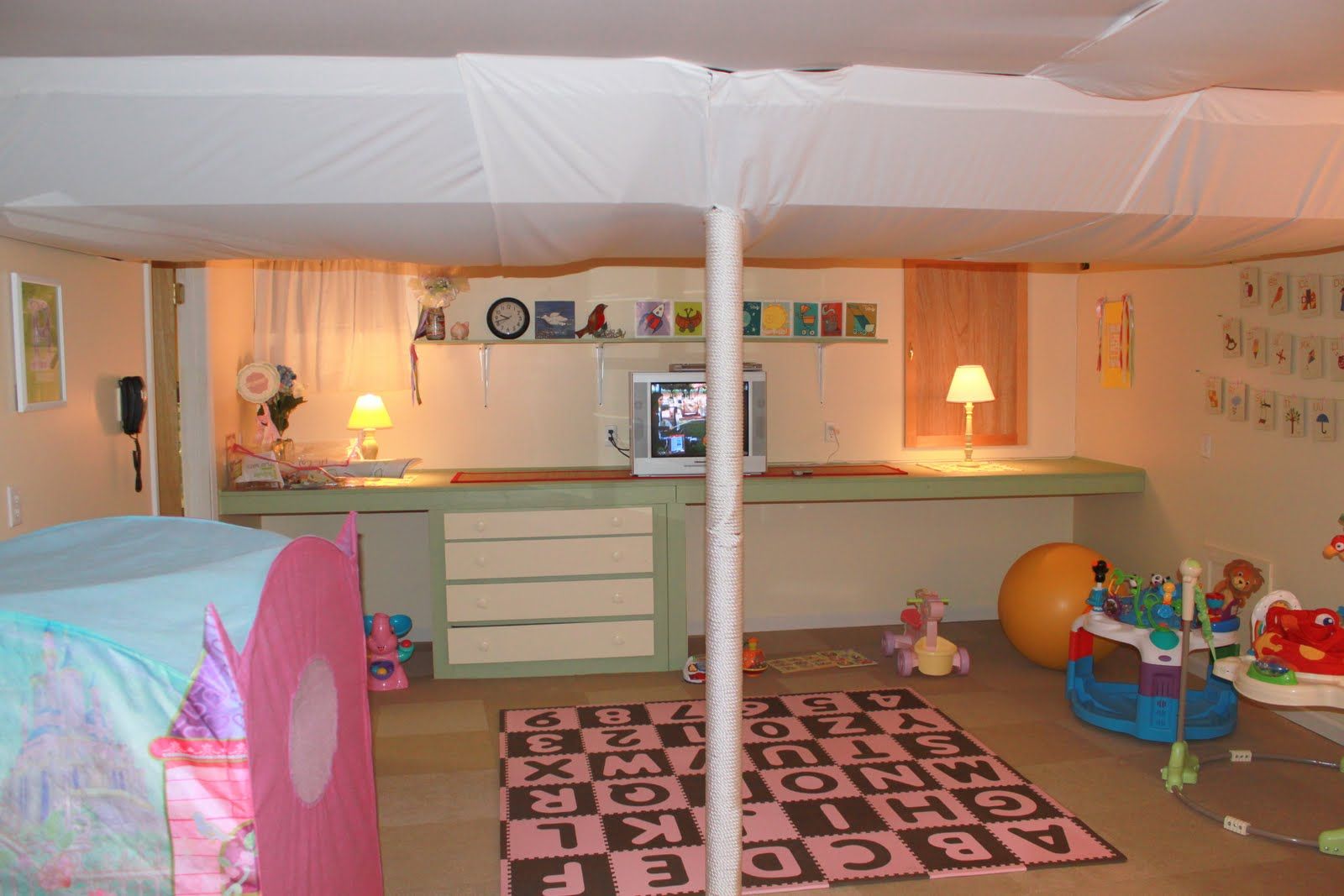 Our Awesome Basement Playroom With Fabric Ceilings Fabric