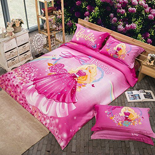 Maketop Beautiful Barbie Pink Flower Kids Girls Bedding Set Full