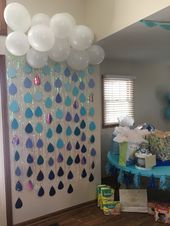 Boy baby shower. Baby shower. Raindrops. Cloud. Balloons. White. Blue. Ombré.