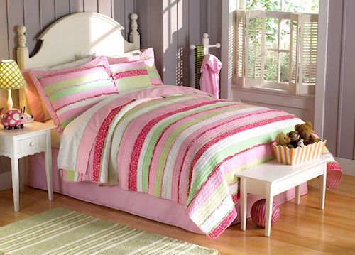 Pink Green Chic Ruffles Girls Bedding Twin Quilt Set Striped