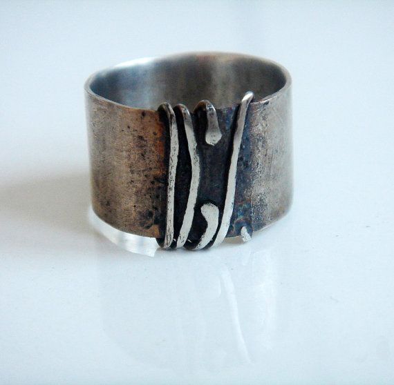Unique gift for her Original everyday statement jewelry Oxidized wide silver band for women Modern silver cool wrapped contemporary ring