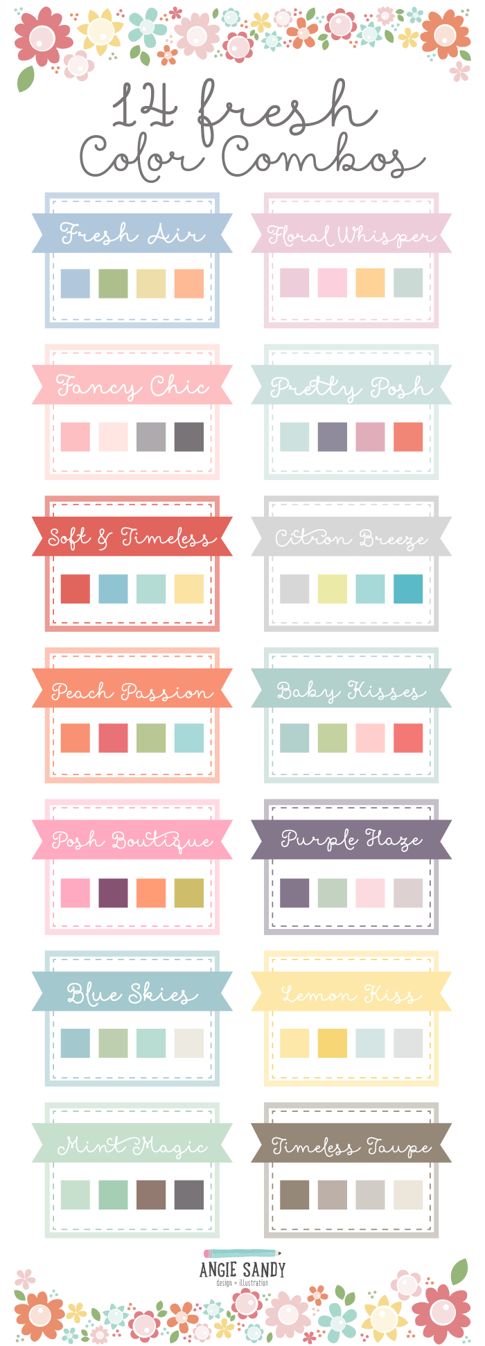 14 Fresh Color Palettes | Angie Sandy Art Licensing & Design #colorpalette #colorcrush #angiesandy Colour Pallete, Colour Schemes, Color Combinations, Color Patterns, Color Palettes, Nursery Color Schemes, Baby Room Color Palette, Color Charts, Paint Schemes