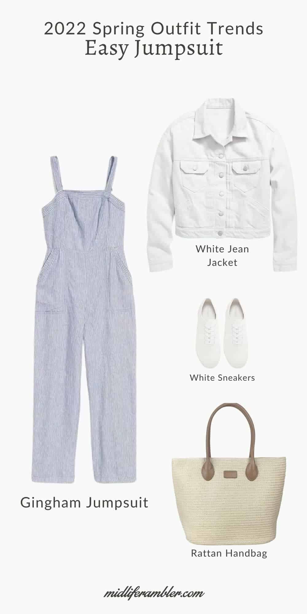 15 Realistic Spring 2022 Trends for Women over 40 Spring Trends Outfits, Spring Fashion Trends, Spring Outfit, Trending Outfits, Gingham Jumpsuit, White Jumpsuit, Dress Flowy, Midi Shirt Dress, White Jean Jacket