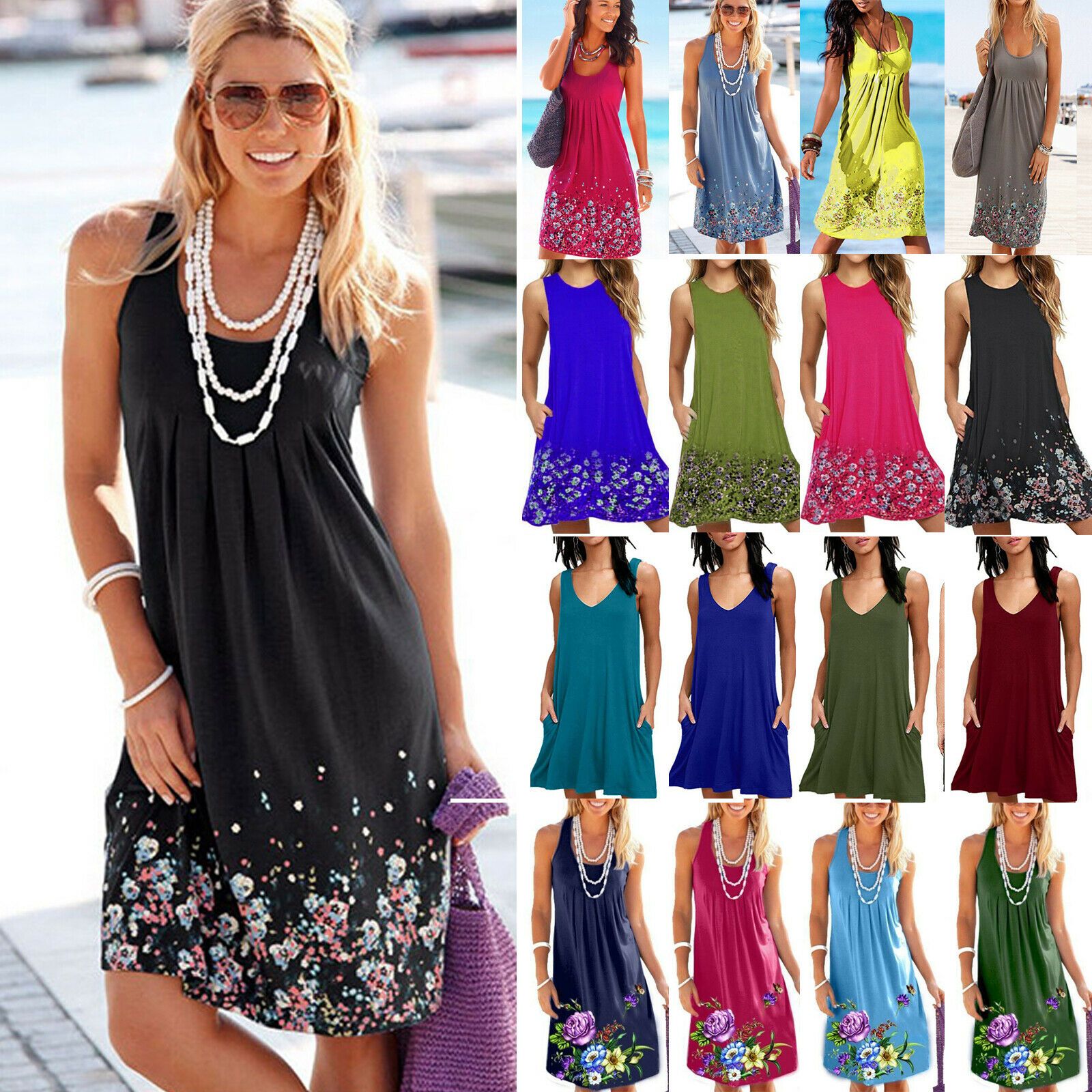 Damen Blumen Kleid Boho Strandkleid Kleider Sommer Minikleid Tunika Ärmellos