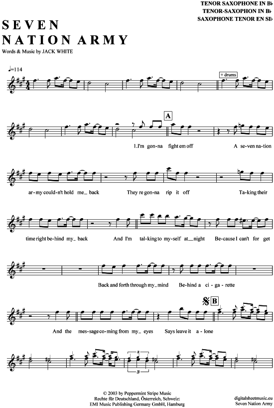 seven nation army tenor sax white stripes pdf noten klick careless whisper tenor sax sheet music