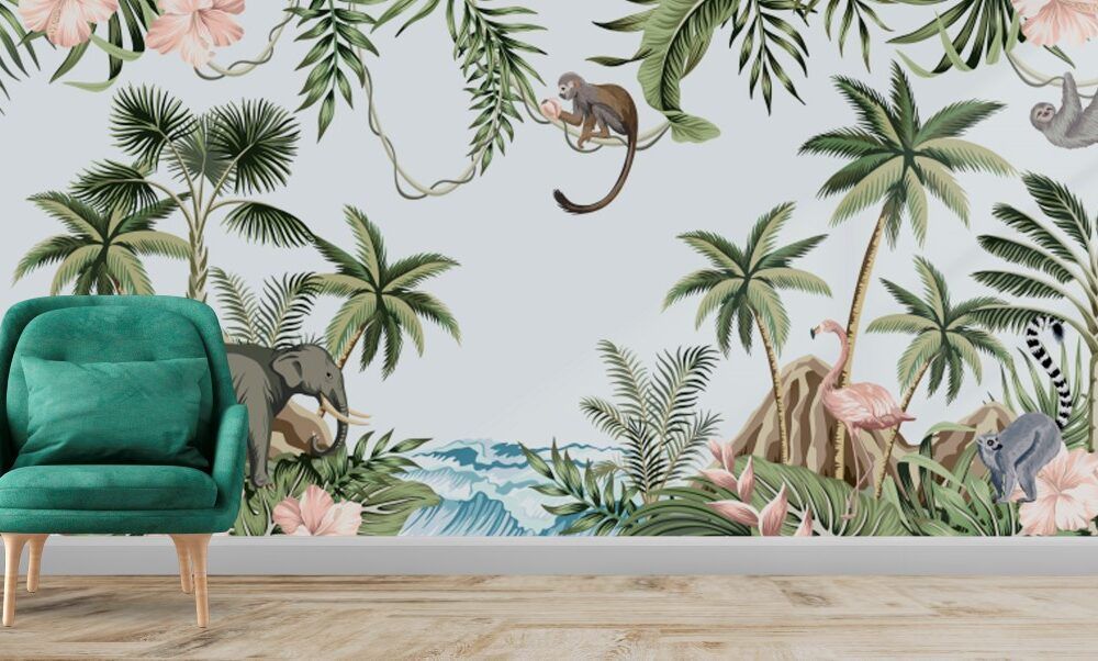 Coconut Trees Elephant Flamingo Monkeys in Islands Wallpaper With elephant flamingo monkeys wallpaper on coconut trees islands your walls will become more fun than they are. Your children and you will love this wallpaper, which has become a cartoon-like design with elephants, which are popular among animals with their size, flamingos with their gentle and stylish appearance, cute monkeys that cannot stand in their naughty places, and also coconut trees with their wonderful and long stance. # Monkey Wallpaper, Jungle Wallpaper, Tropical Wallpaper, Kids Wallpaper, Cute Monkey, Coconut Tree, A Cartoon, Accent Wall, More Fun