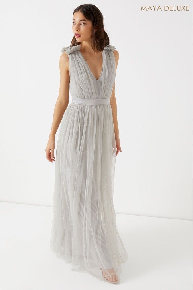 Womens Maya Petite Tulle Maxi Dress Grey Maxi Dress Evening