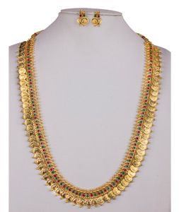 Golden Alloy Long Necklace With Earrings 157107 Antique Jewelry Indian, Ethnic Jewelry, Gold Jewellery Design, Gold Jewelry, Long Necklace, Beaded Necklace, New Years Sales, How To Dye Fabric, Indian Ethnic