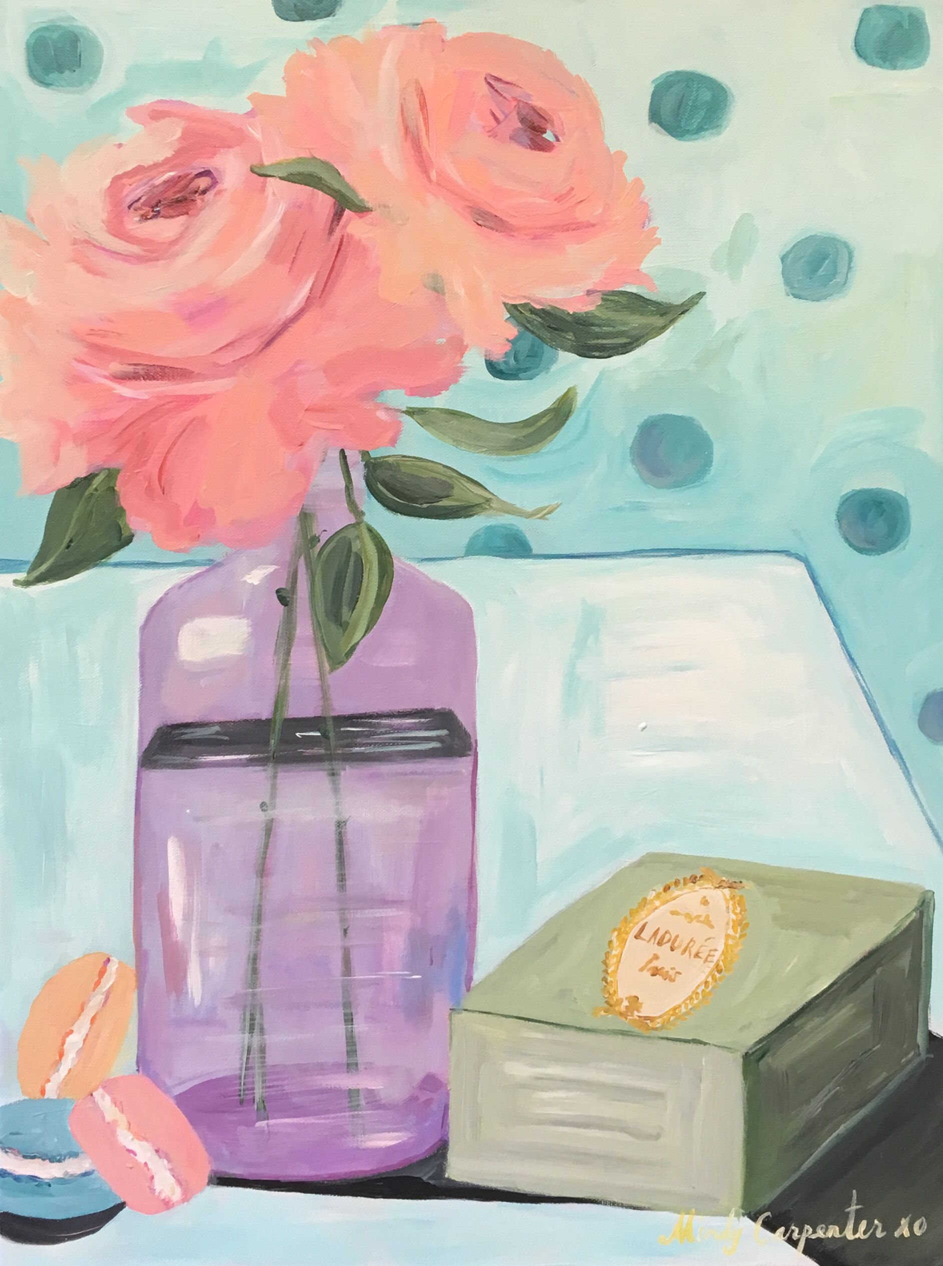 Original painting by Mindy Carpenter #ladurée #stilllife #painting #homedecor #floral #vintagestyle #mindycarpenter #carpediem #pastelpalette #macarons #paris #parisian #parisfrance Carpe Diem, Paris France, Macarons, Original Painting, Palette, Pastel, Mindy, Floral Art, Still Life