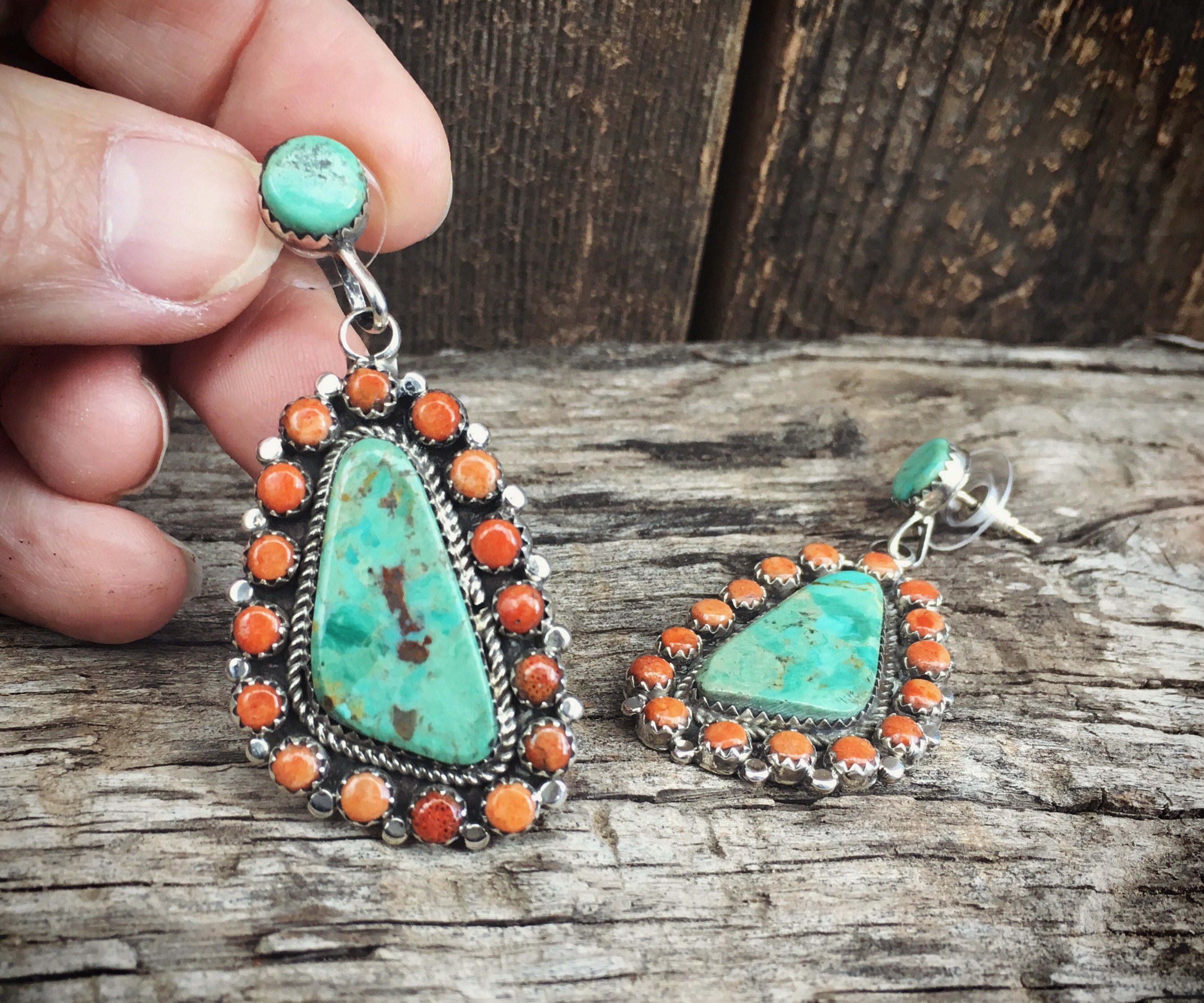 Spiny Oyster And Sterling Beaded Earrings Native American Navajo Turquoise