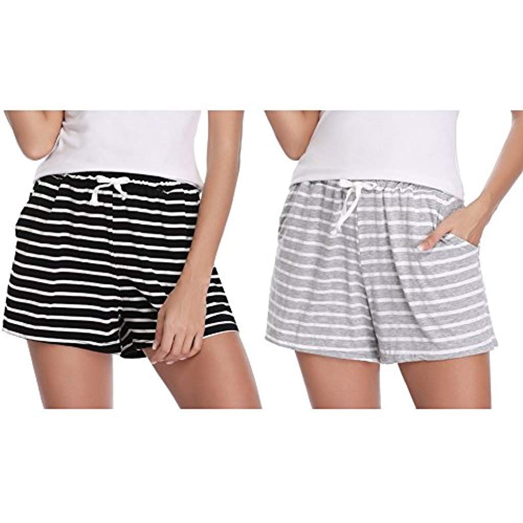 Aibrou Damen Schlafanzughose Kurz schlafshorts Sommer Baumwolle Pyjamahose Nachtw/äsche Kurze Sleep Hosen mit Gestreift