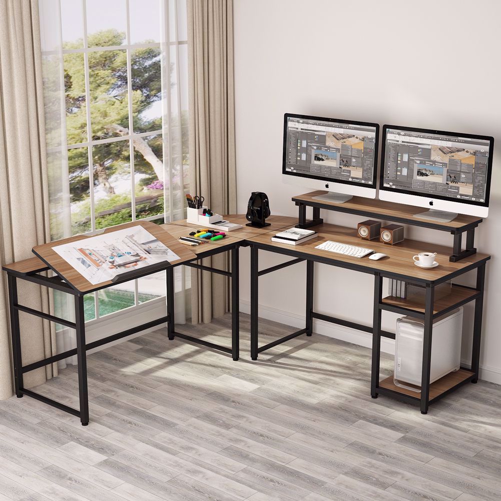 Both side of this double corner computer desk are the same length. 70.8’’ x 23.6’’ offer plenty of room to place monitors, printer, laptop or other essential accessories. Defining your workspace however you need. Home Office Setup, Home Office Design, Home Office Furniture, Furniture Deals, House Design, Brown Furniture, Business Furniture, Corner Computer Desk, Gaming Desk