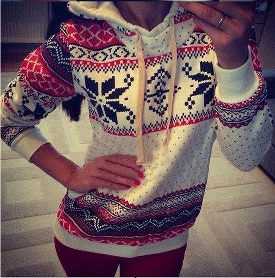 White Geometric Snowflake Print Hooded Thick Sportwear White Geometric Snowflake Print Hooded Thick Sportwear