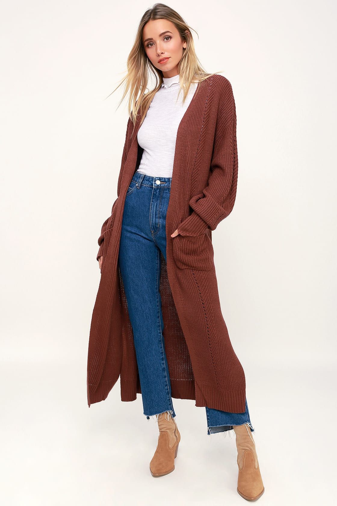 Leilanni Rust Brown Knit Long Cardigan Sweater