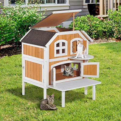 Pawhut 2 Level Wood Cottage Elevated Outdoor Cat Shelter House Pawhut 2 Level Wood Cottage Elevated Outdoor Cat Shelter House