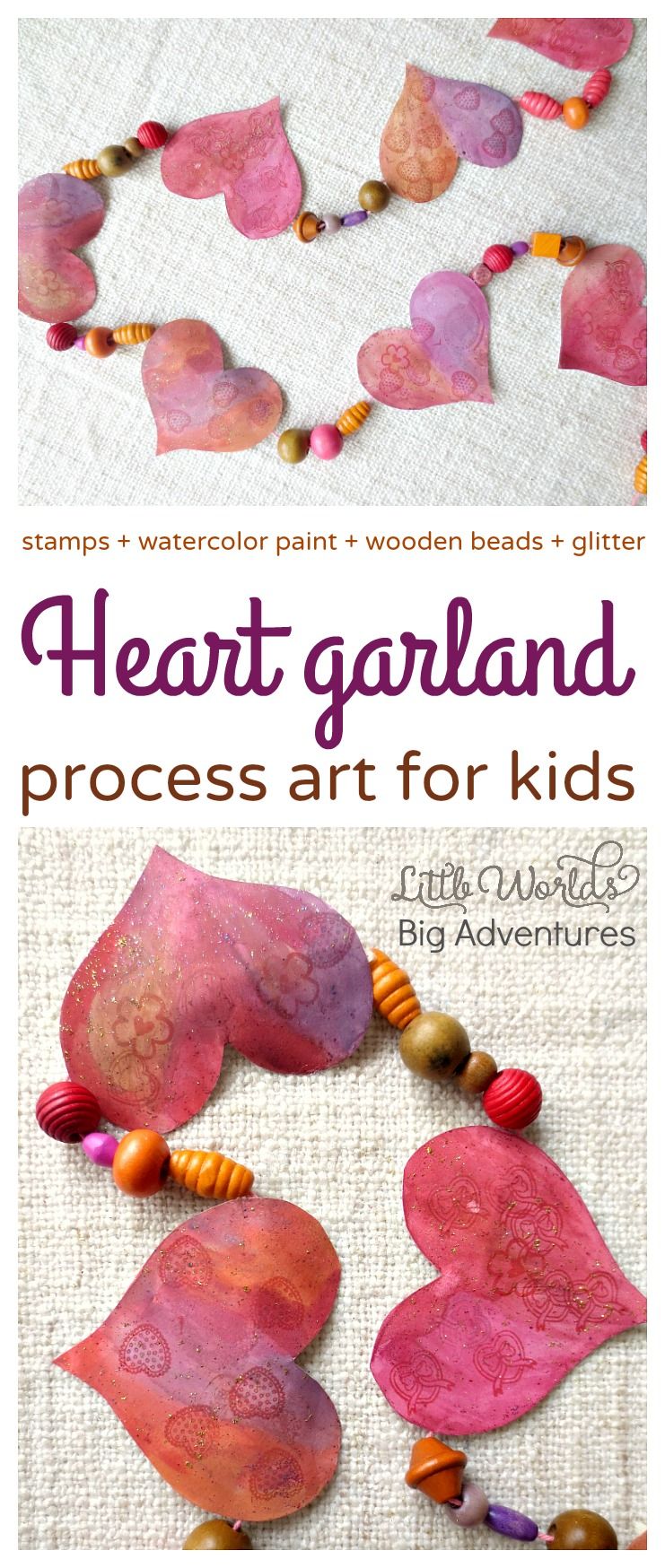 This heart garland is a fun process art activity for kids of all ages. | Little Worlds Big Adventures #craftsforkids #craftsforpreschoolers #hearts #valentinesday #kidscrafts #preschoolcrafts #kidsactivities Valentine Crafts For Kids, Valentines Day Activities, Winter Crafts For Kids, Crafts For Kids To Make, Valentine Day Crafts, Art For Kids, Spring Crafts, Preschool Arts And Crafts, Art Activities For Kids