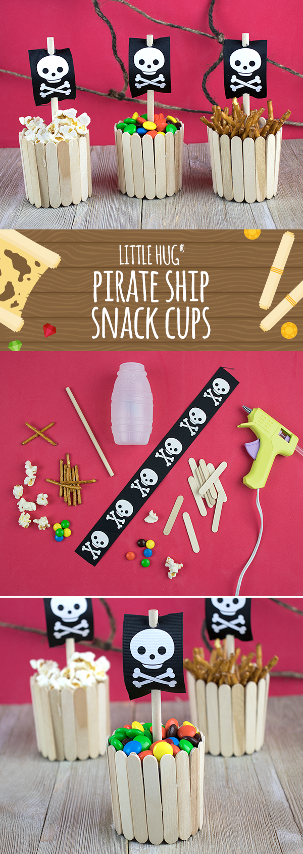 Ahoy, Mateys! These crow’s nest-inspired snack cups are perfect for your next pirate birthday party. Cut* empty, clean Little Hug Fruit Barrels® in half and glue* craft sticks around it. Cut* pirate flags from ribbon or paper and punch* holes in the top and bottom. Place flag onto wooden dowel and glue* to the bottom of the Little Hug®. Fill with snacks and treats! *Only parents should cut with scissors, use the hot glue gun, and hole punch. Follow the manufacturer’s instructions. Low Sugar Drinks, Fruit Flavored Drinks, Craft Sticks, Craft Stick Crafts, Pirate Birthday, Birthday Bash, Pirate Flags, Glue Craft, Gram Of Sugar