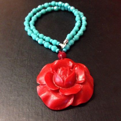 flower necklace necklace with rose large rose turquoise rose Necklace with a large turquoise rose