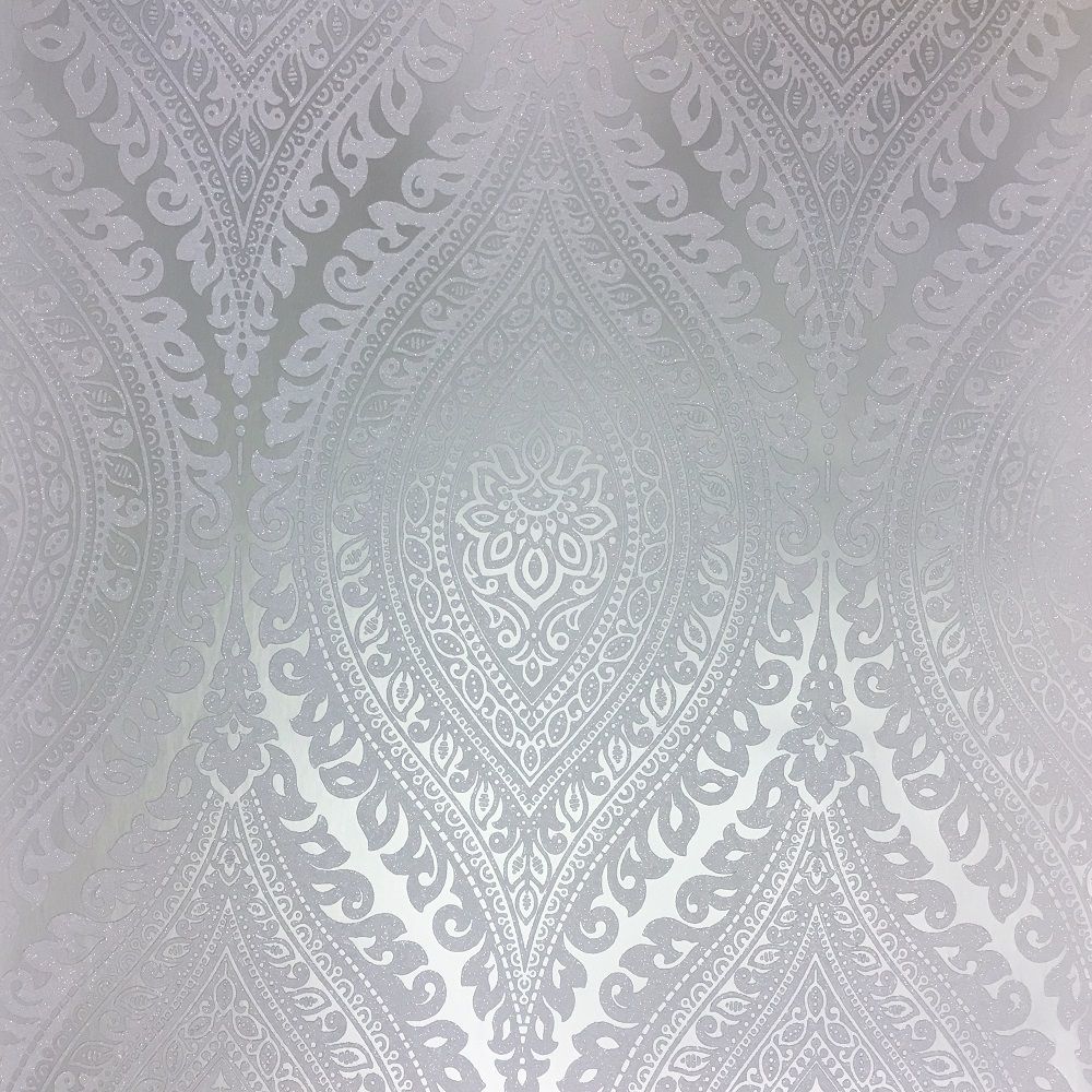 GRANDECO A17703 KISMET DAMASK GLITTER HIGHLIGHTED WALLPAPER IN SILVER