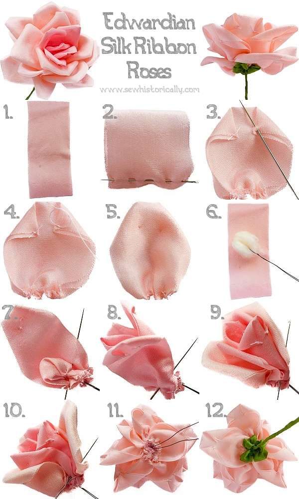 Edwardian DIY Silk Ribbon Rose - How To Make Ribbon Flowers - Step By Step Tutorial Ribbon Flowers Diy, Making Fabric Flowers, Ribbon Flower Tutorial, Handmade Flowers Fabric, Cloth Flowers, Diy Flower Fabric, Make Flowers, Flower Fabric Pattern, Craft Flowers