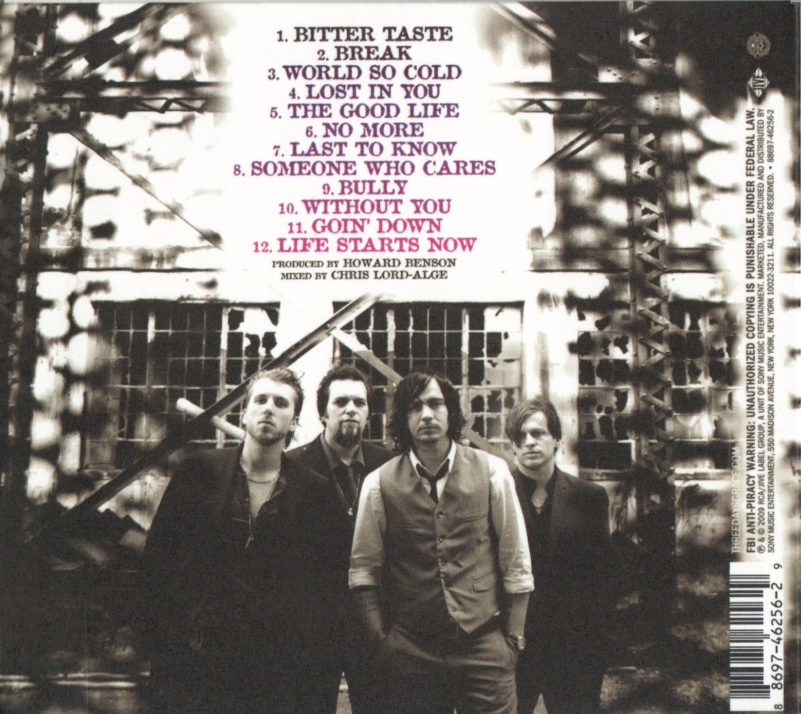 Three Days Grace Life Starts Now 2009 Back Cover