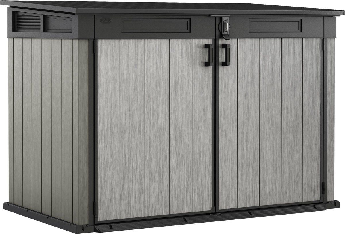 De extra ruime Keter Grande-Store Opbergkast kan met gemak twee of drie vuilcontainers kwijt. Maar ook tuinkussens, gereedschap, buitenspeelgoed of andere tuinaccessoires berg je er droog en geventileerd in op. De breed openslaande deuren en het deksel met gasveren openen en sluiten gemakkelijk. De deuren zijn afsluitbaar met een slot voor extra veiligheid.Met zijn houtlook is de Grande-Store Opbergbox een eyecatcher in elke tuin. Hij is gemaakt van duurzaam en weerbestendig kunststof. De kleur Storage Shelves, Shelving, Garage Hooks, Shed Sizes, Tongue And Groove Panelling, Patio Store, Lawn Tools, Organizing Wires, Outdoor Storage Sheds