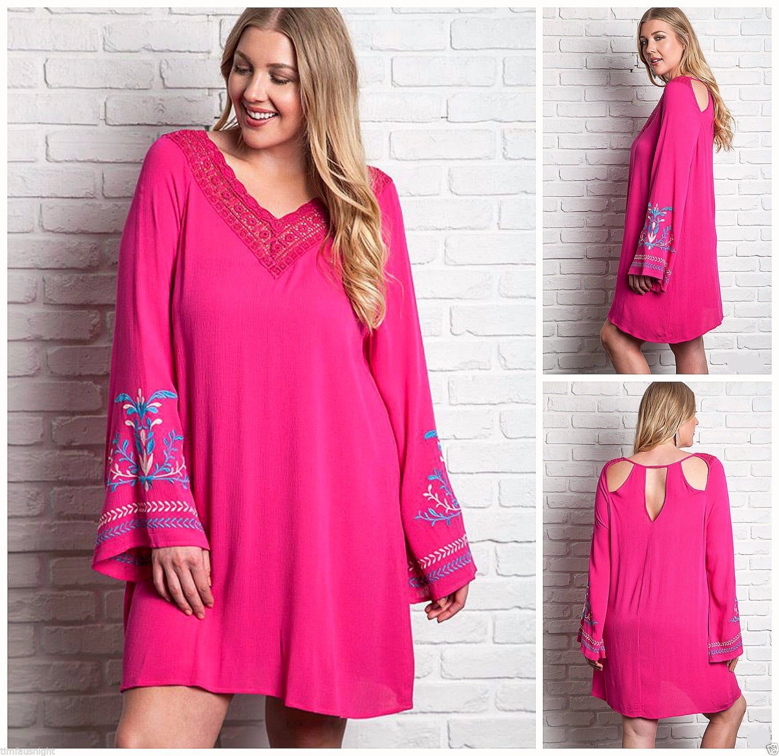umgee usa plus size fuchsia embroidered bell sleeve v neck boho umgee plus size