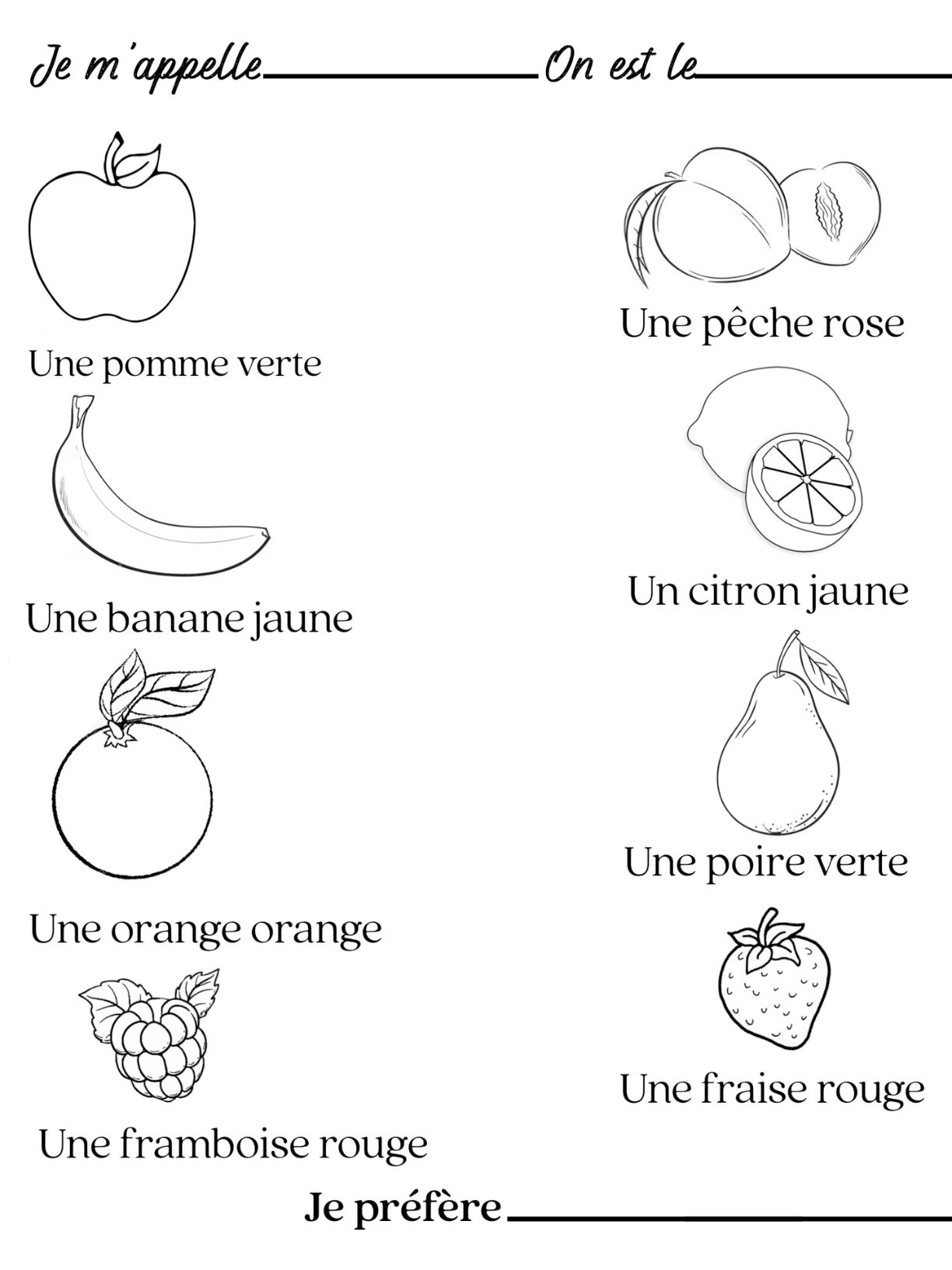Exercise Coloriage à Imprimer; Les Fruits. Beginner French Worksheet