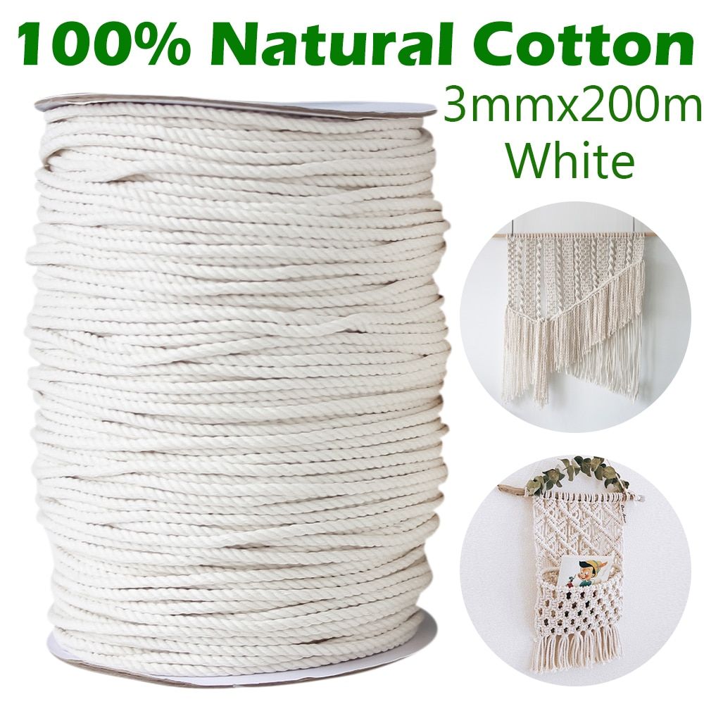 Durable 200m White Cotton Cord Natural Twisted Cord Rope Craft Macrame String