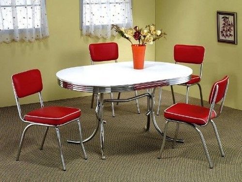 White Retro Style Kitchen Metal Chrome Round 50s Dinner Table 4 Red White Retro Style Kitchen Metal Chrome Round 50s Dinner Table 4 Red Chairs Set