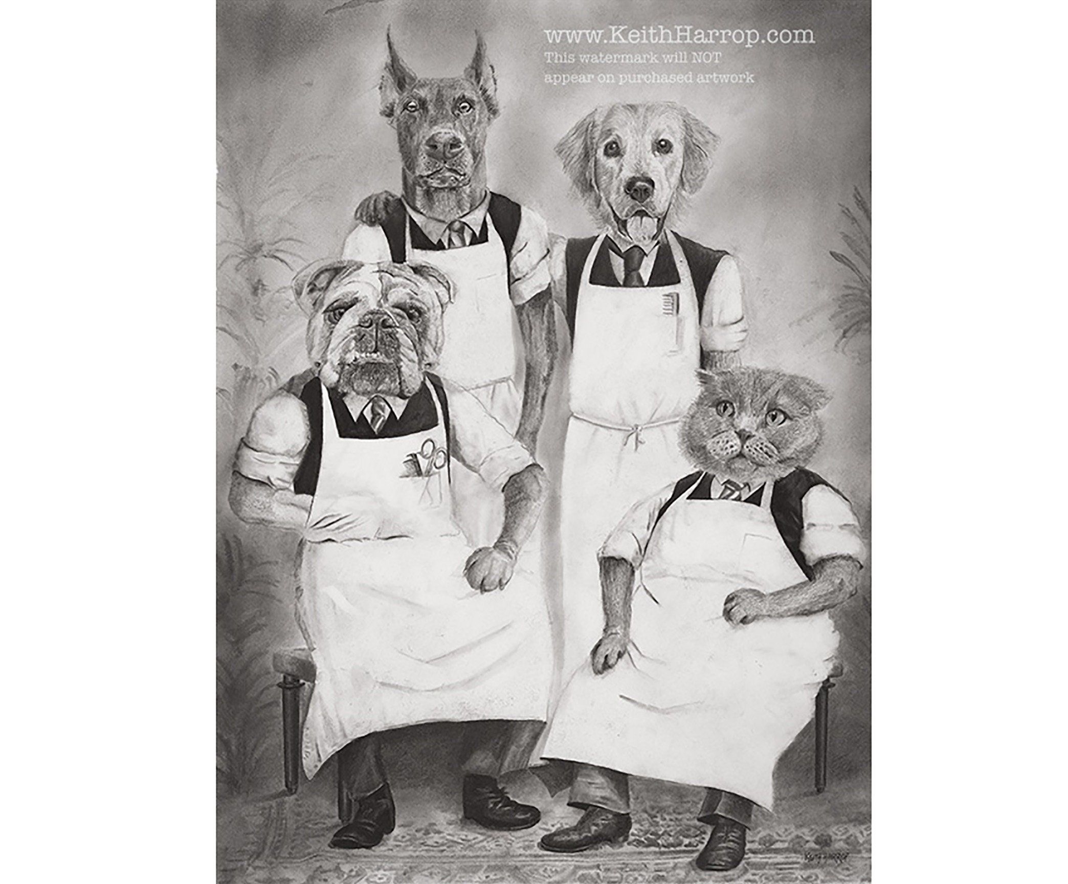 Barbershop Quartett. Original Bleistiftkunst und signierte Drucke.  #37 Viktorianische Tierkunst des britischen Künstlers Keith Harrop.