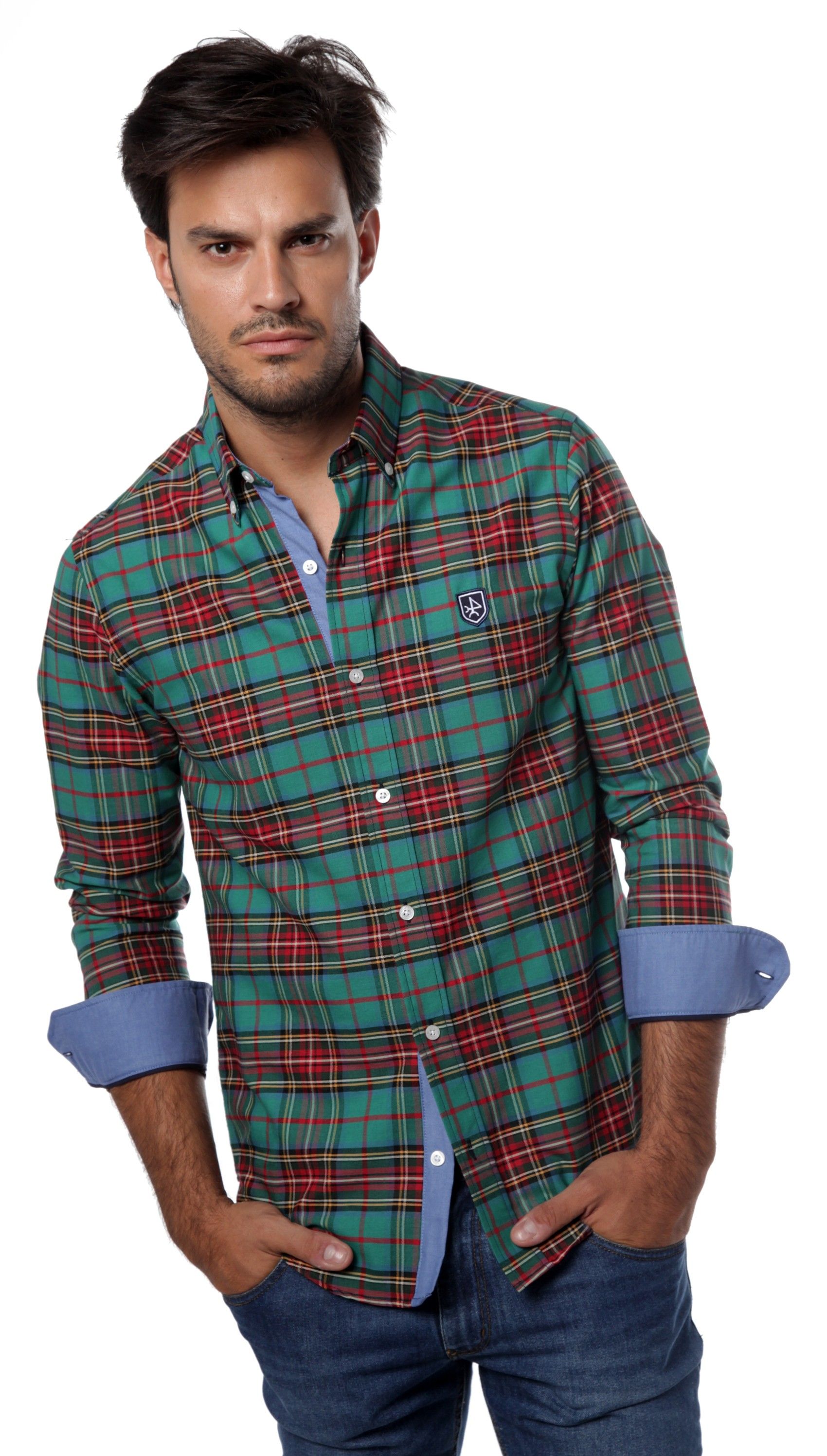 Camisa manga larga de cuadros en color verde con cuello y Camisa cuadros de hombre de colores verdes Valecuatro