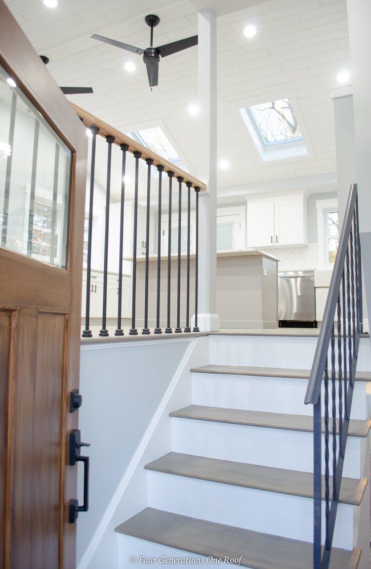 Open Stairway Split Level Entryway Remodel | Four Generations One Roof Split Level Entryway, Split Level House Exterior, Open Entryway, Split Level Remodel Exterior, Split Level House Remodels, Split Level Kitchen Remodel, Tri Level Remodel, Split Level Floor Plans, Exterior Remodel