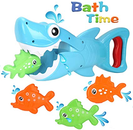 Shark Grabber Bath Toy Blue Shark with Teeth with 4 Toy Fishe for Kids Boys Girl