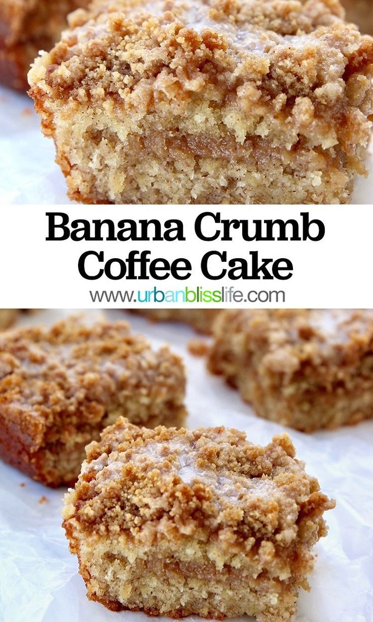 This Banana Crumb Coffee Cake recipe is a delicious make-ahead brunch or afternoon tea dessert. Recipe on UrbanBlissLife.com #recipe #brunch #coffeecake #cake #dessert #makeahedrecipe #foodblog Banana Coffee Cakes, Crumb Coffee Cakes, Coffee Cake Recipes, Banana Bread Recipes, Banana Cupcakes, Banana Dessert Recipes, Banana Blondies, Banana Crumb Muffins, Banana Breakfast Recipes