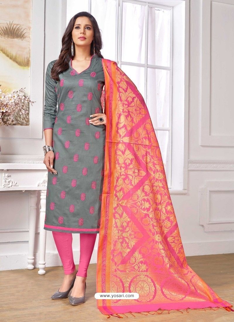 Grey Cotton Embroidered Straight Suit With Banarasi Dupatta Pure Silk Dress, Cotton Silk Dress, Printed Cotton Dress, Cotton Dresses, Fancy Dress Material, Cotton Dress Material, Indian Dresses, Indian Outfits, Chanderi Silk Dress Material
