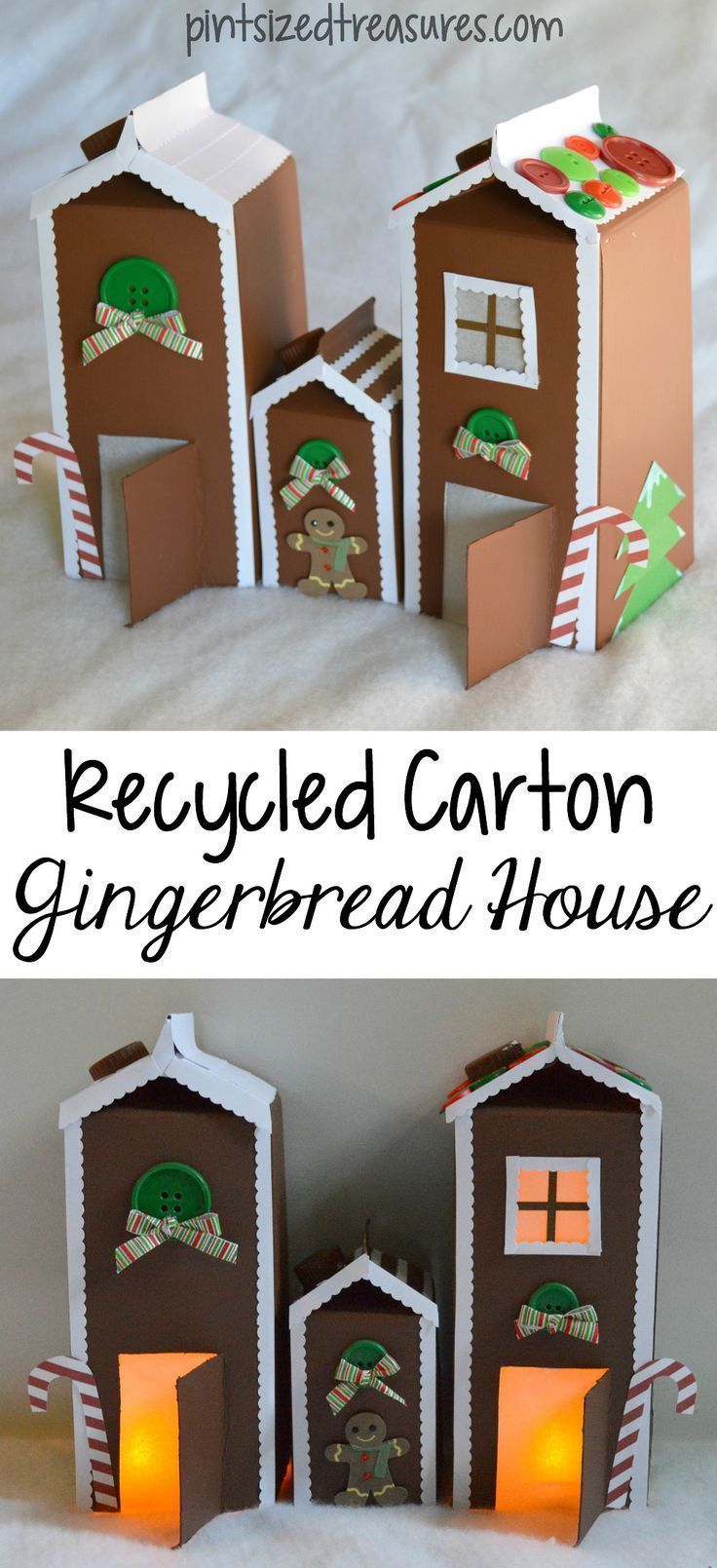 Easy paper gingerbread house made from recyclables! This paper gingerbread house uses milk or juice cartons and construction paper to create a fun gingerbread scene! Complete this Christmas craft with buttons, ribbons and tea lights to make an adorable winter scene. #Christmascrafts #gingerbread #gingerbreadcrafts #actvities #wintercrafts #kids #Christmasdecor #easycrafts #kidscraft #pintsizedtreasures