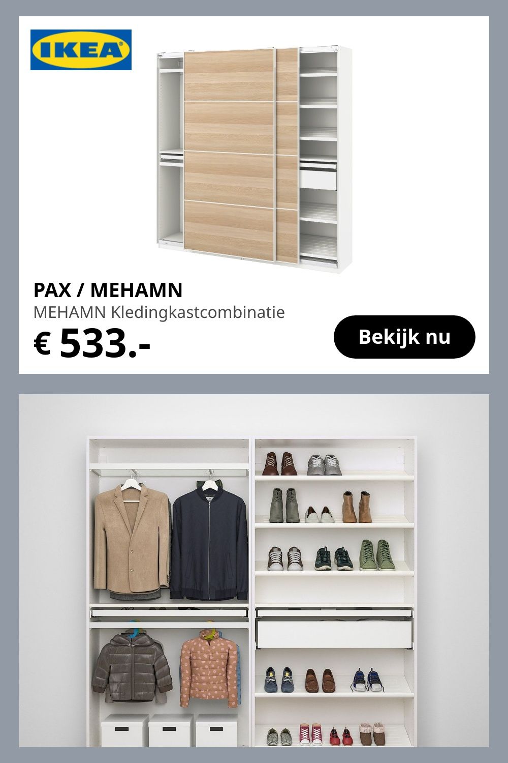 Een smalle, maar brede haloplossing met plaats voor jassen, schoenen en accessoires voor het hele gezin. Als je de spullen voor de kinderen op hun hoogte plaatst, kan dat aanzetten om alles ook weer op de juiste plek terug te zetten/hangen/leggen. Ikea Pax, Shoe Rack, Entryway, Furniture, Home Decor, Products, Accessories, Entrance, Decoration Home